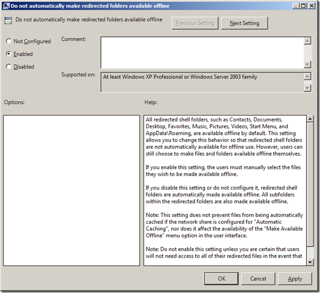 Group Policy Setting of the Week 26 – Do not automatically make redirected folders available offline