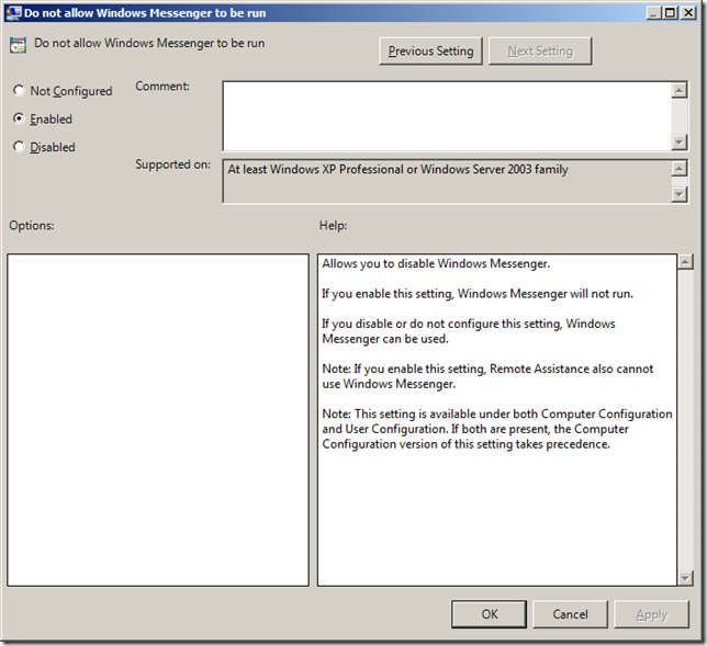 Group Policy Setting of the Week 26b — Do not allow Windows Messenger to be Run