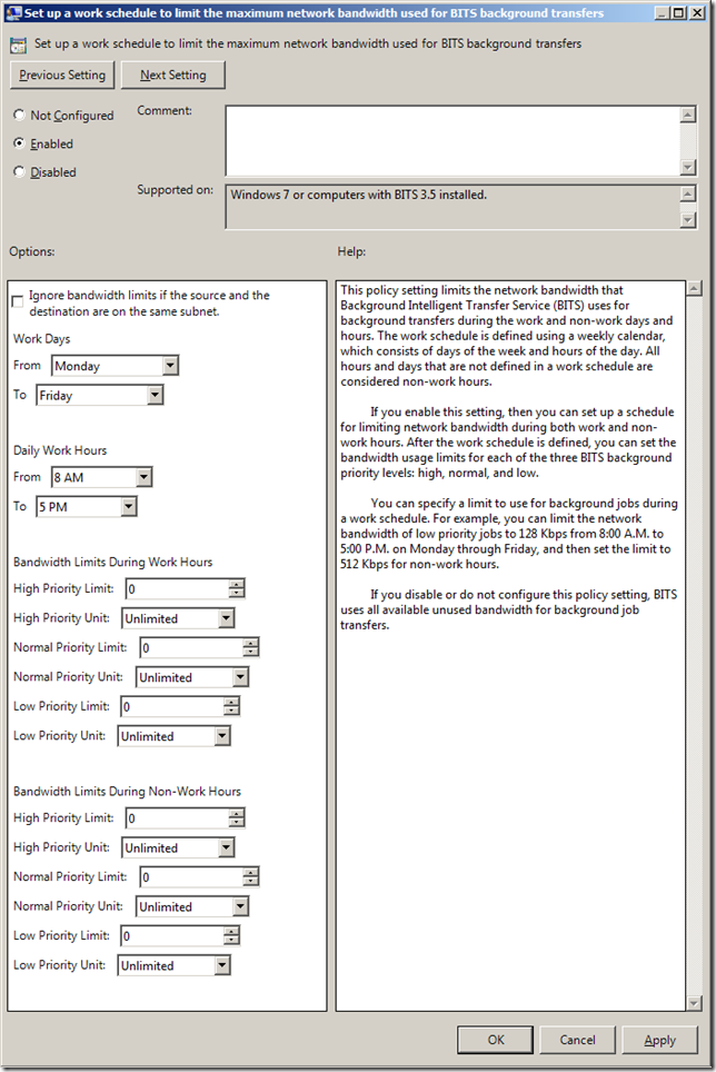 Group Policy Setting of the Week 33 — Set up a work schedule to limit the maximum network bandwidth used for BITS background transfers