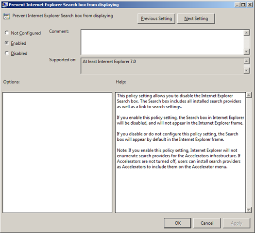 Hotfix: IE 8 restores the search provider settings when the “Prevent Internet Explorer Search box from displaying” Group Policy setting is enabled