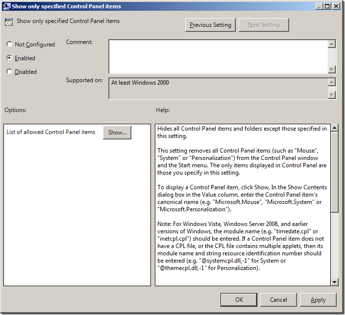 How to show or hide Control Panel items in Windows 7 using Group Policy